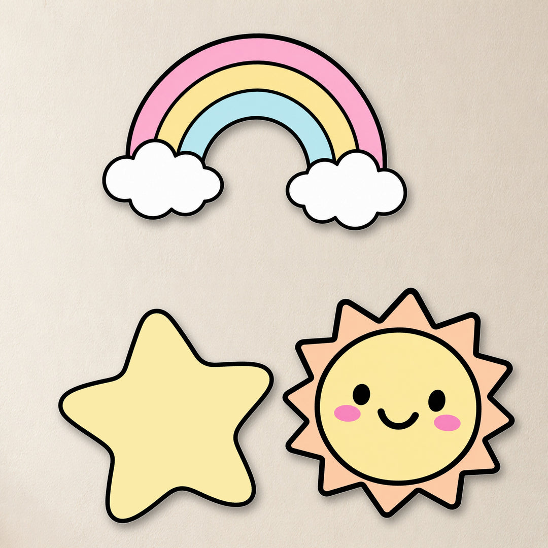 Rainbow, star and sun clipart garland pieces shown large in soft Gentle colours
