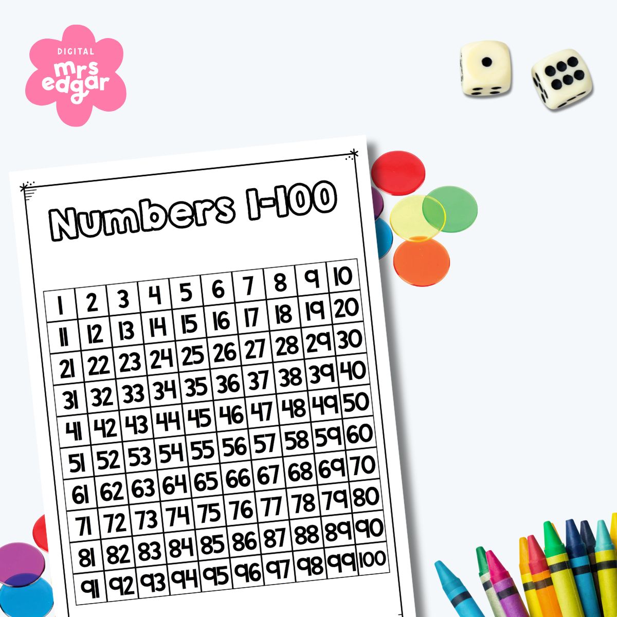 Black-and-white hundreds chart labeled “Numbers 1–100” surrounded by dice, counters, and crayons for classroom math activities. Ideal for counting, skip counting, and number recognition.