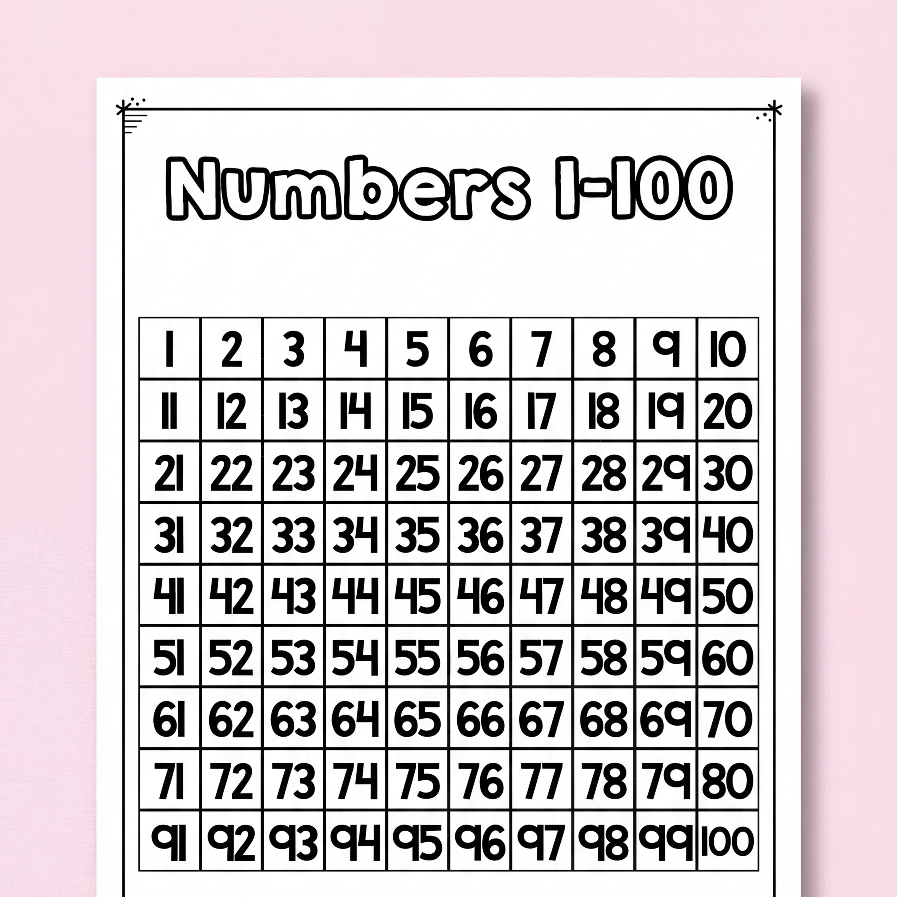 Black-and-white hundreds chart labeled “Numbers 1–100” surrounded by dice, counters, and crayons for classroom math activities. Ideal for counting, skip counting, and number recognition.