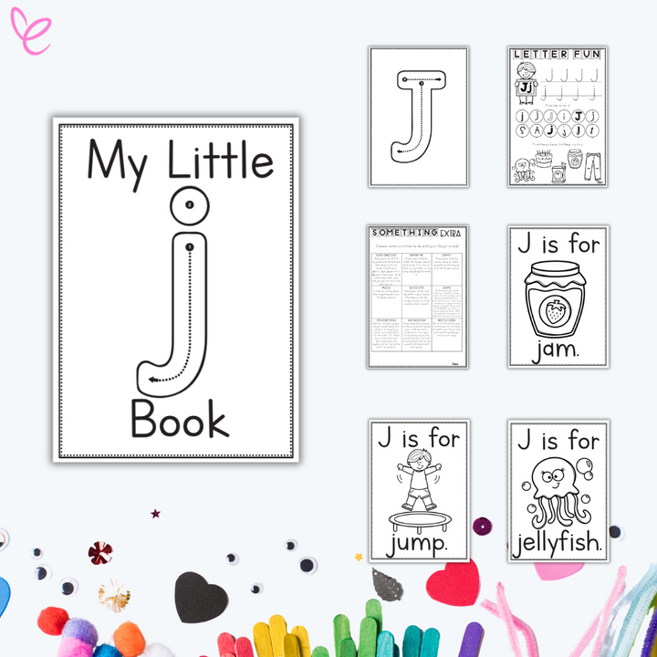 Early learning worksheets for the letter Y featuring tracing, colouring pages, and words like jump, jellyfish, and jam.