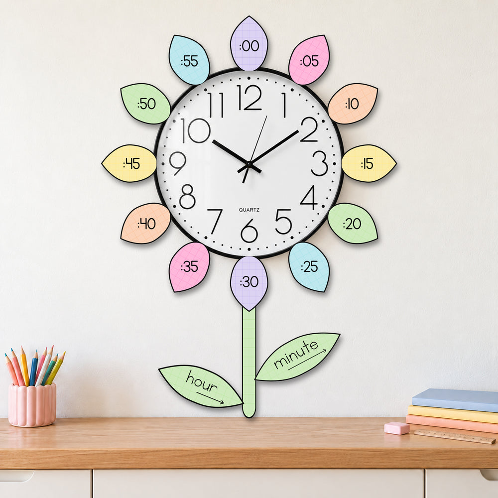 Classroom clock surrounded by flower-petal clock numbers and minute markers in soft Gentle colours