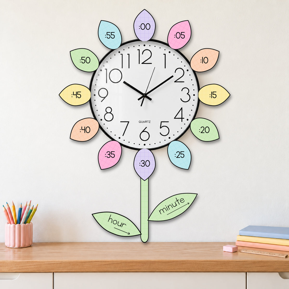 Classroom clock surrounded by flower-petal clock numbers and minute markers in soft Gentle colours