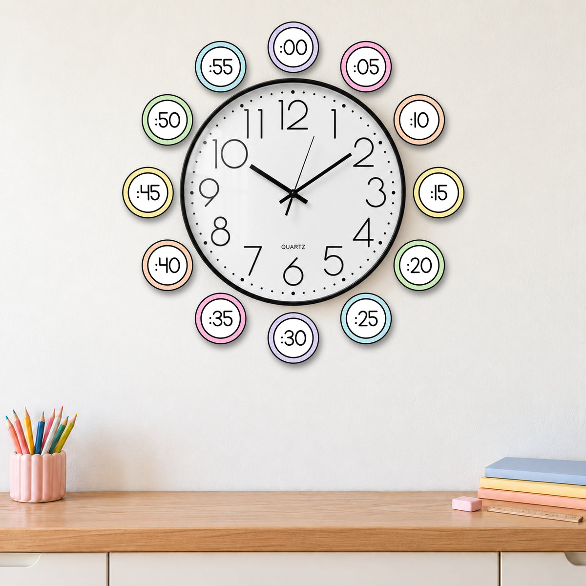 Printable clock minute labels in soft Gentle colours, circle style, to display around a classroom clock
