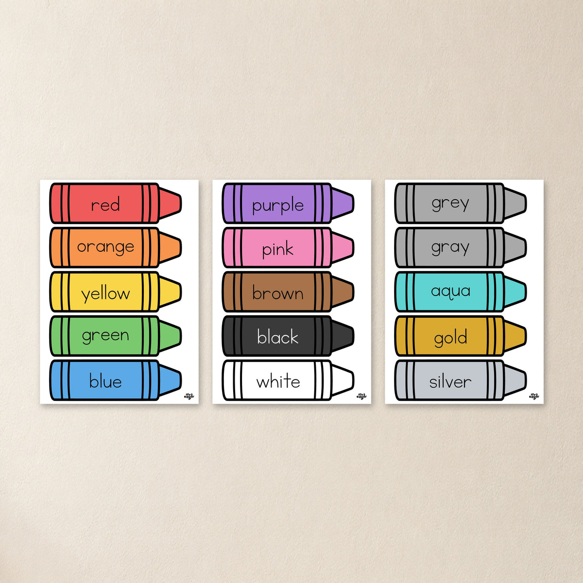 All three colour crayon card PDF pages in six Australian school fonts