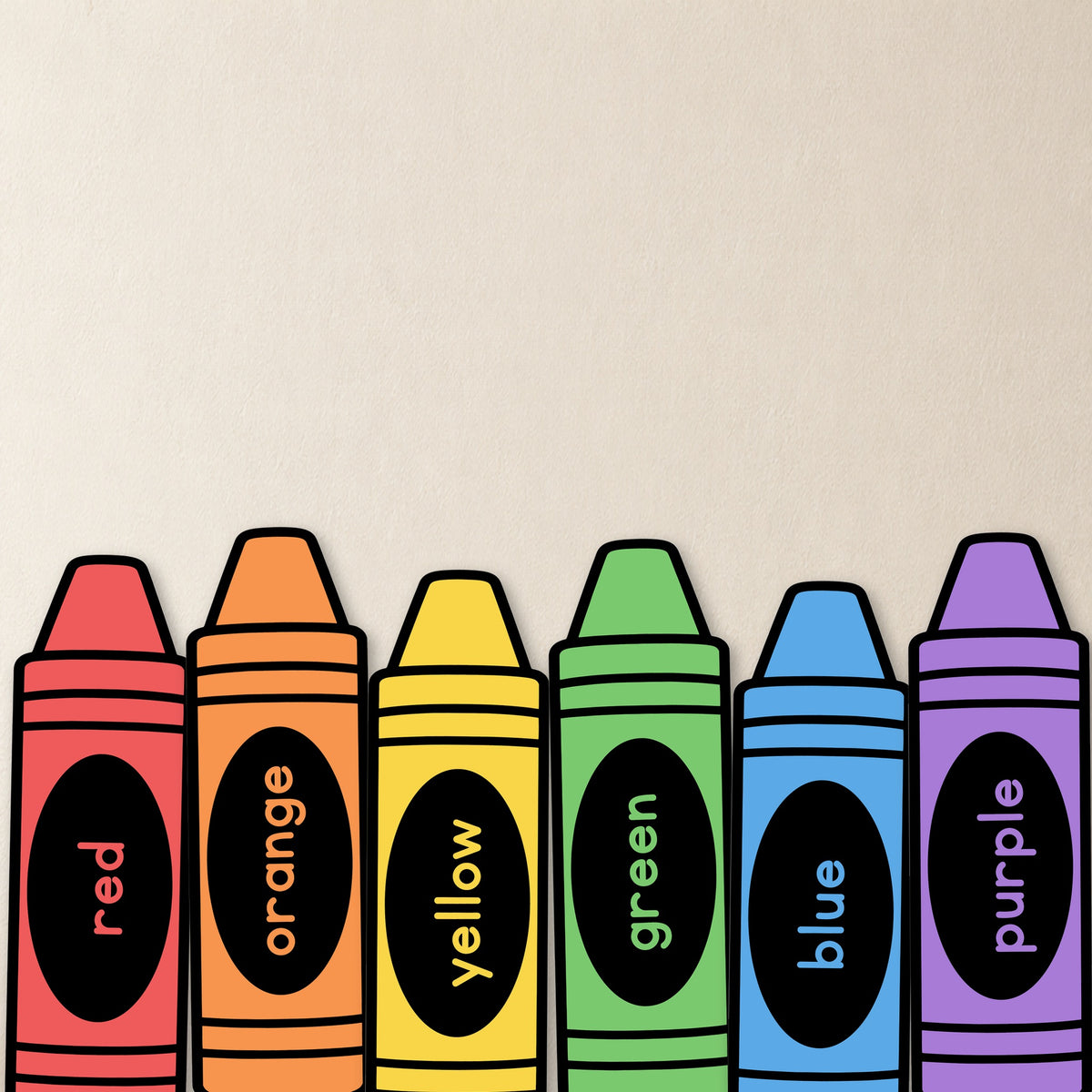 Colour crayon cards with tips up in the crayon box, black-oval style