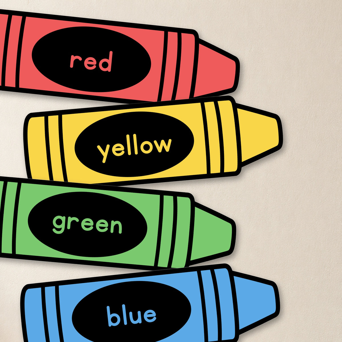 Four colour crayon cards shown large, black-oval style