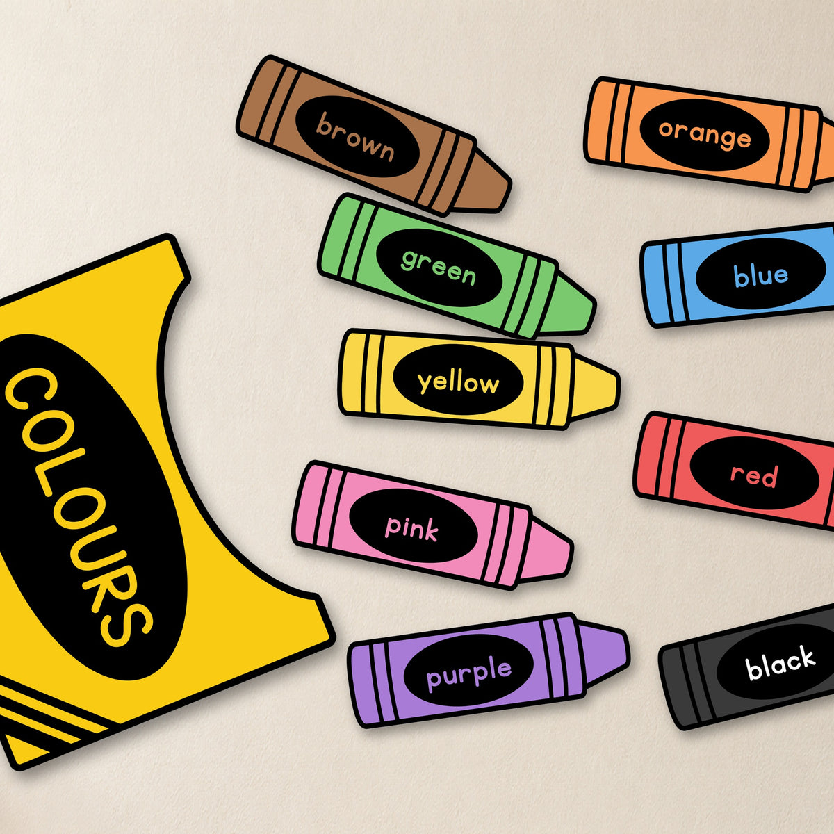 Large printed crayons spilling out of the crayon box cut-out