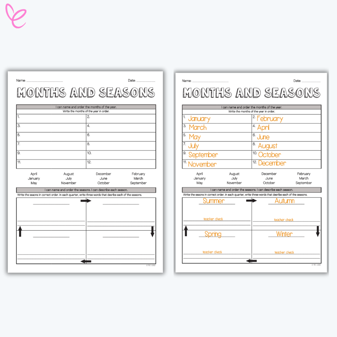 Side-by-side "Months and Seasons" worksheets showing a blank template and a completed version. Students are asked to list the months in order and describe each season with three words. The completed sheet features the months written in orange and seasons labeled in bold at the bottom.
