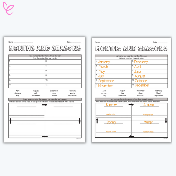 Side-by-side "Months and Seasons" worksheets showing a blank template and a completed version. Students are asked to list the months in order and describe each season with three words. The completed sheet features the months written in orange and seasons labeled in bold at the bottom.