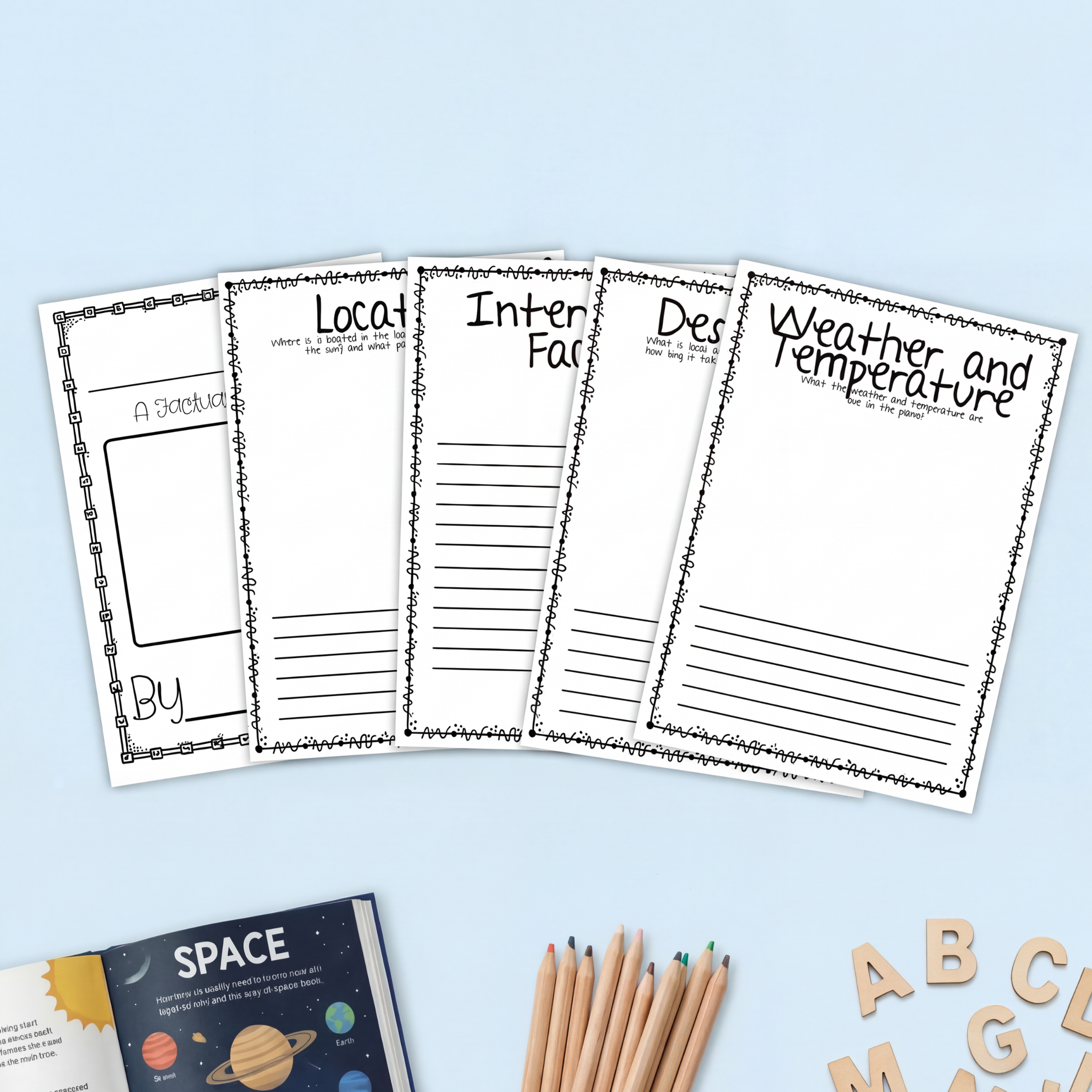 A set of printable worksheets for a Planet Report Mini-Book, including pages for 'Location,' 'Interesting Facts,' 'Description,' 'Features,' and 'Weather and Temperature.' The colourful layout features a planetary theme at the top, inspiring student creativity.