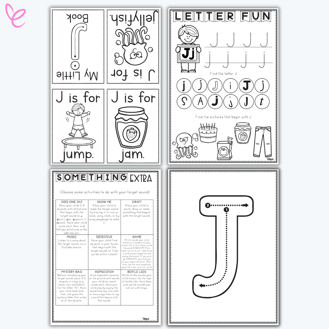 Printable phonics activity pack focused on the letter J, including handwriting practice and themed vocabulary cards.