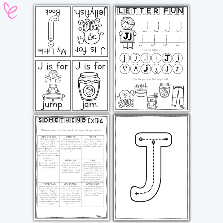 Printable phonics activity pack focused on the letter J, including handwriting practice and themed vocabulary cards.