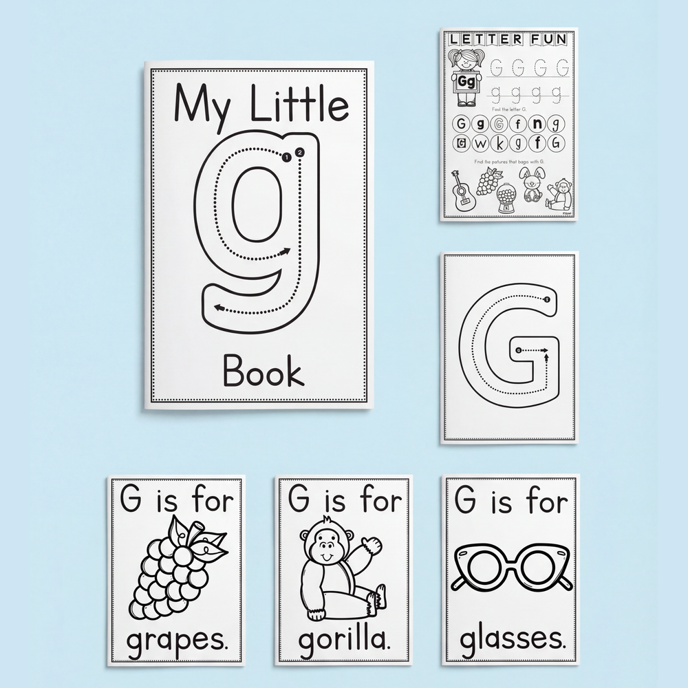 Early learning worksheets for the letter G featuring tracing, colouring pages, and words like grapes, glasses, and gorilla.
