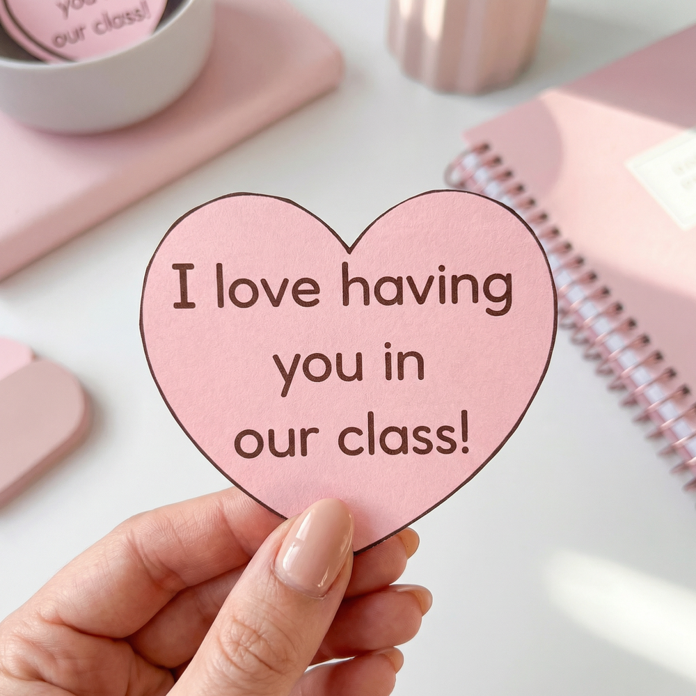 Hand holding a pink heart-shaped lunchbox note reading “I love having you in our class” with soft pastel desk background.