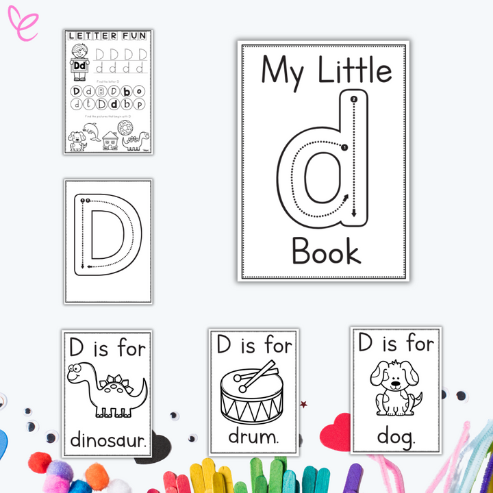 Early learning worksheets for the letter Y featuring tracing, colouring pages, and words like dinosaur, drum, and dog.