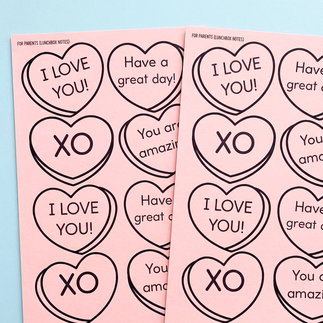 Sweet and encouraging lunchbox notes perfect for parents, teachers, and caregivers to add a little love to a child’s day. These printable heart-themed lunchbox notes include positive messages like “I Love You,” “Have a Great Day,” “XO,” and “You Are Amazing.” Ideal for Valentine’s Day, Mother’s Day, classroom rewards, back to school, lunchbox surprises, homeschool encouragement, and daily affirmations. Great for preschool, kindergarten, and primary students to boost confidence, connection, and emotional
