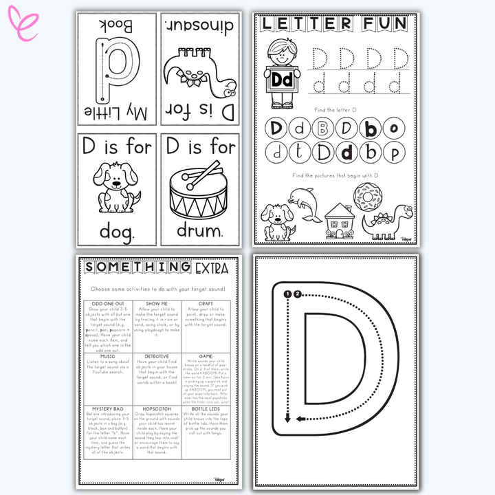 Printable phonics activity pack focused on the letter D, including handwriting practice and themed vocabulary cards.