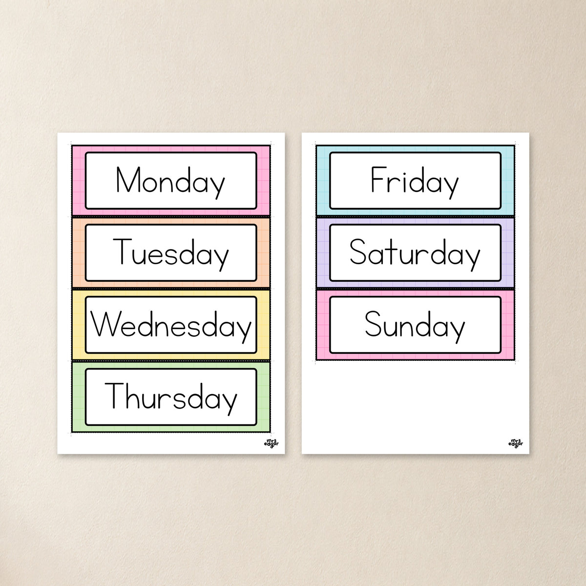 Days of the week PDF pages, cards tiled edge to edge for cutting, six Australian school fonts