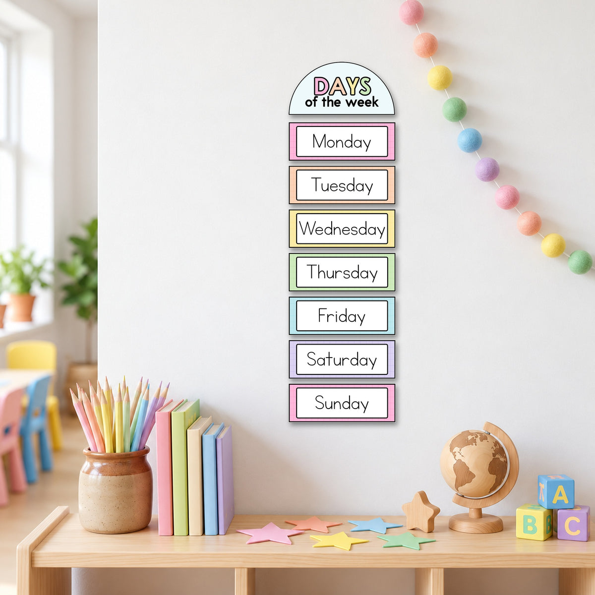 Days of the week cards Monday to Sunday displayed in a column with the title arch, soft Gentle colours