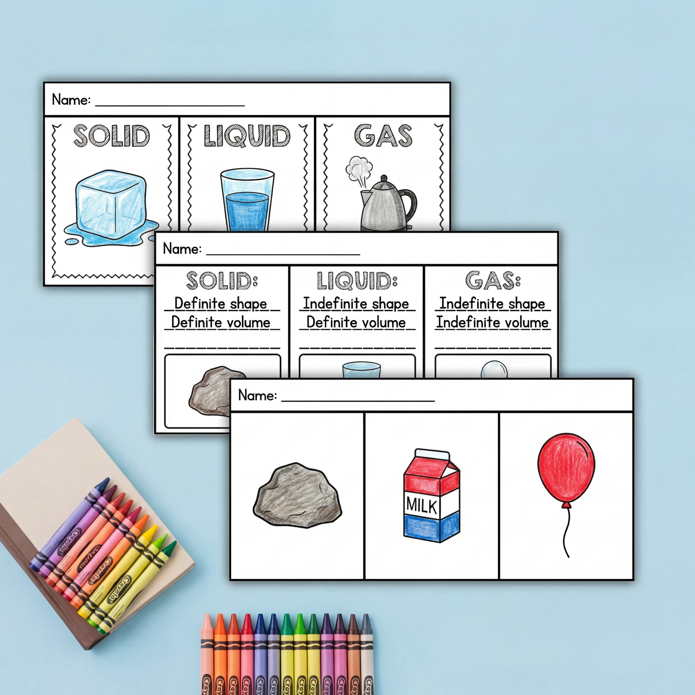 Interactive States of Matter Flip Book for science learning, displaying cards labeled solid, liquid, and gas to illustrate key concepts.