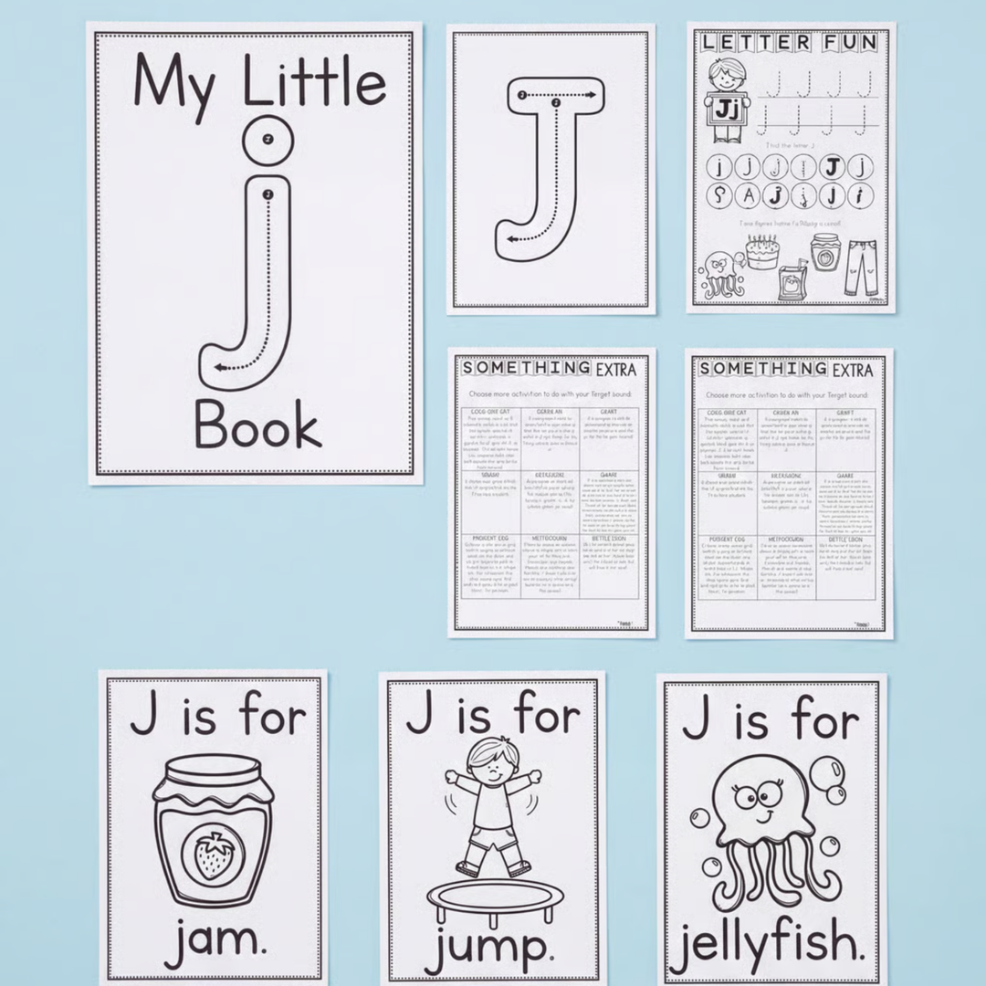 Letter J printable phonics and alphabet activity pack designed for preschool, kindergarten, prep, and early years literacy learning. This engaging letter recognition resource helps children identify, trace, and practise the letter J through interactive worksheets, beginning sound activities, mini books, tracing cards, and vocabulary cards featuring jam, jump, and jellyfish. Perfect for literacy centres, morning work, homeschool learning, handwriting practice, phonemic awareness, and fine motor skills