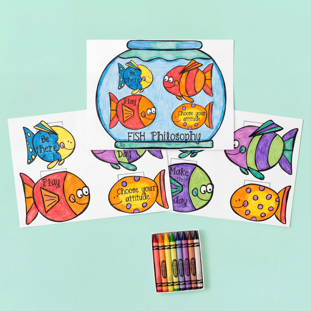 A FISH Philosophy craft set displaying a fishbowl template for writing and two supporting fish worksheets. The background features colourful craft supplies like pom-poms, googly eyes, and heart cutouts.