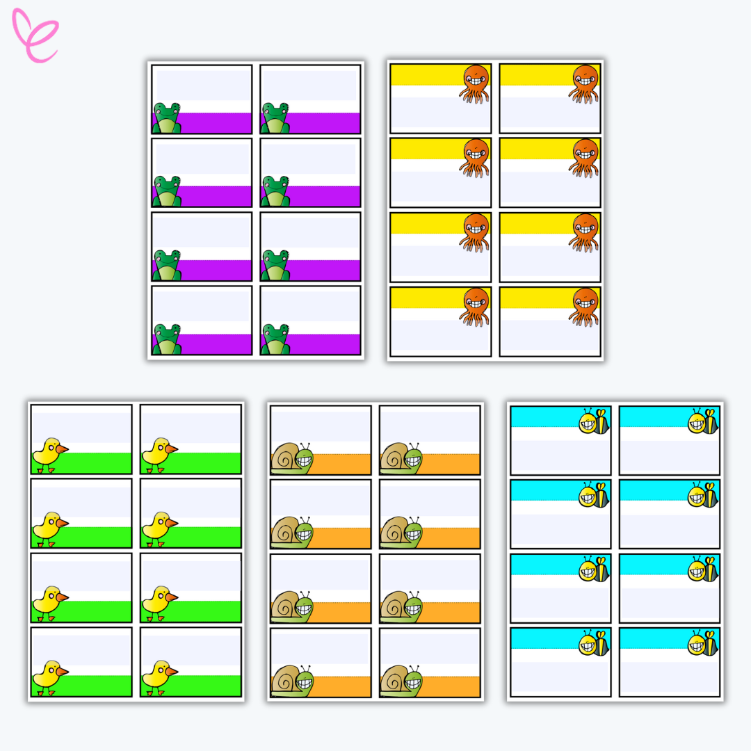 A set of colorful blank name tags featuring cartoon animals such as frogs, octopuses, ducks, snails, and bees. Each has a white space for writing names.