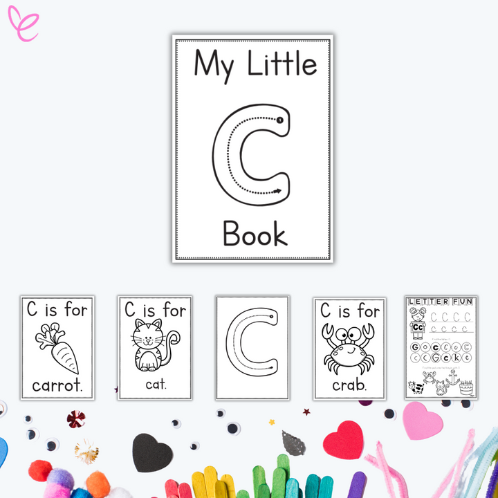 Early learning worksheets for the letter C featuring tracing, colouring pages, and words like carrot, cat, and crab.