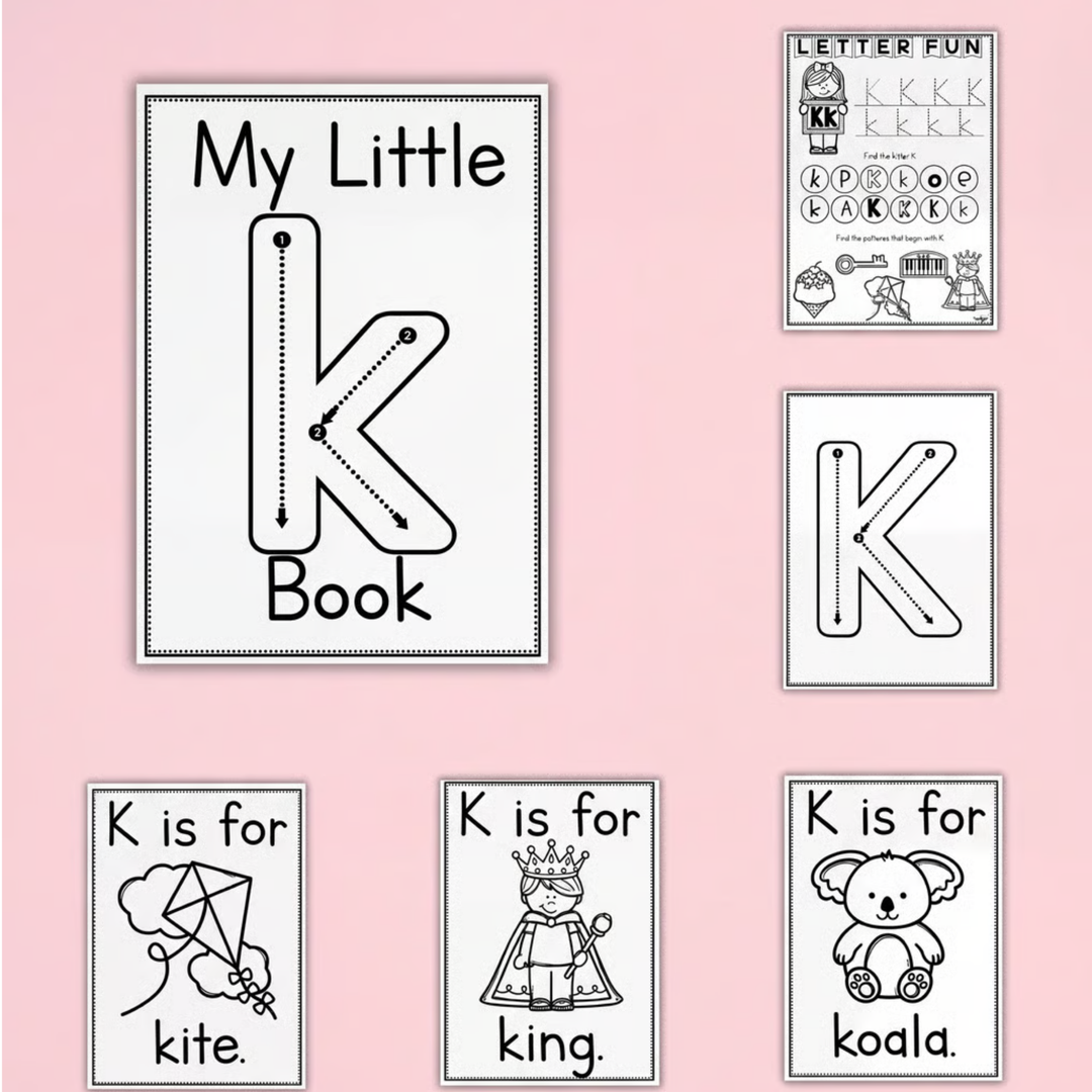 Letter K printable alphabet and phonics activities designed for preschool, kindergarten, prep, and early years literacy learning. This engaging printable pack helps children recognise, trace, and practise the letter K through handwriting worksheets, beginning sound activities, alphabet tracing pages, mini books, and interactive phonics tasks. Includes vocabulary and picture cards featuring kite, king, and koala to support phonemic awareness and letter recognition. Perfect for literacy centres, morning work,