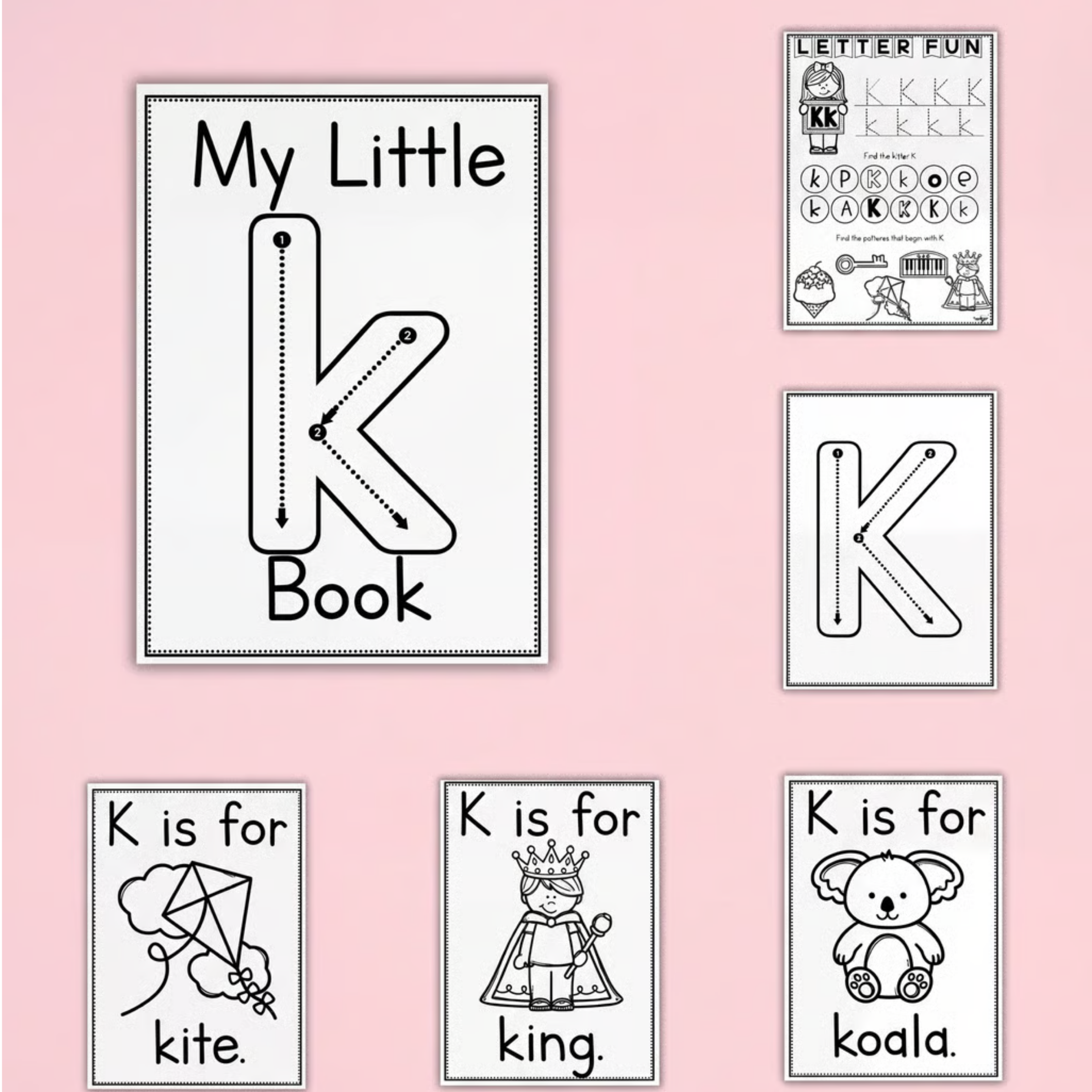 Letter K printable alphabet and phonics activities designed for preschool, kindergarten, prep, and early years literacy learning. This engaging printable pack helps children recognise, trace, and practise the letter K through handwriting worksheets, beginning sound activities, alphabet tracing pages, mini books, and interactive phonics tasks. Includes vocabulary and picture cards featuring kite, king, and koala to support phonemic awareness and letter recognition. Perfect for literacy centres, morning work,