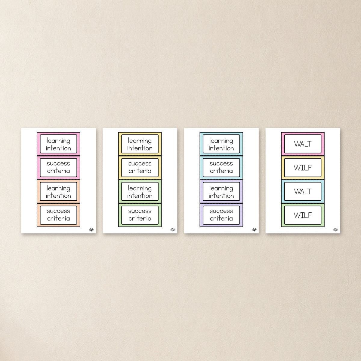 All four Learning Intention sign PDF pages - simple, outlined and rainbow-caps styles