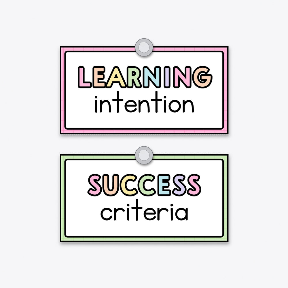 Learning Intention and Success Criteria pair in rainbow caps, pinned to a classroom wall
