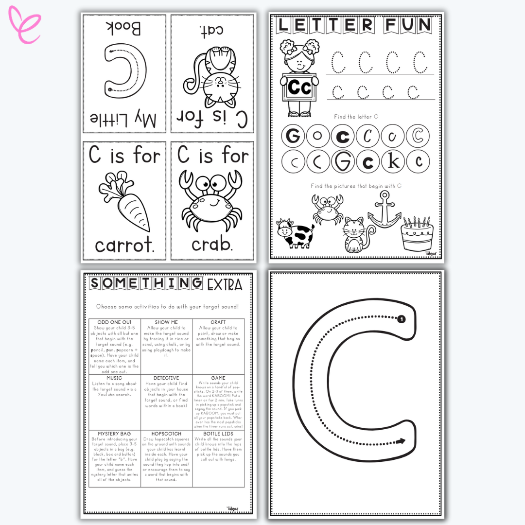 Printable phonics activity pack focused on the letter C, including handwriting practice and themed vocabulary cards.