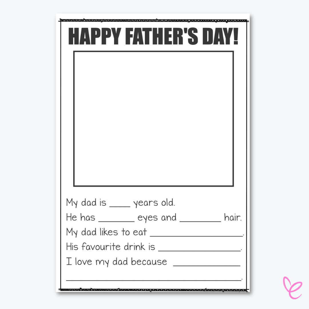 A printable Father's Day worksheet with a blank space for a drawing and fill-in-the-blank sentences about Dad's age, eye colour, favourite food, and drink.
