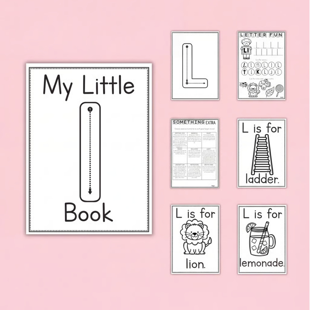 Letter L printable alphabet and phonics activities for preschool, kindergarten, prep, and early years literacy learning. This engaging printable pack helps children recognise, trace, and practise the letter L through handwriting worksheets, beginning sound activities, alphabet tracing pages, mini books, and interactive phonics tasks. Includes vocabulary and picture cards featuring ladder, lion, and lemonade to support phonemic awareness, vocabulary development, and letter recognition skills. 