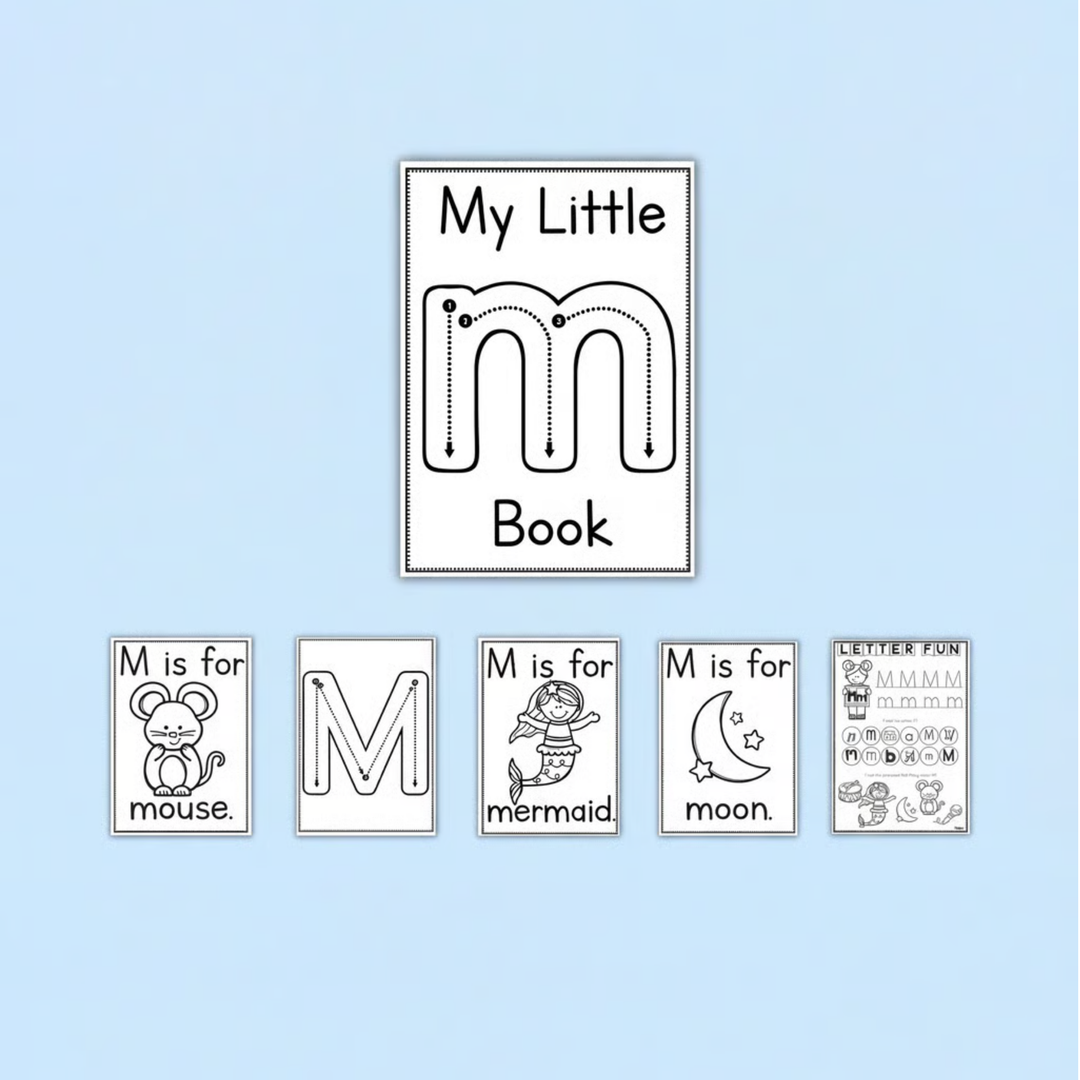 Letter M alphabet and phonics printable activities for preschool, kindergarten, prep, and early years literacy learning. This engaging printable resource helps children recognise, trace, and practise the letter M through handwriting worksheets, beginning sound activities, alphabet tracing pages, mini readers, and interactive phonics tasks. Includes vocabulary and picture cards featuring mouse, mermaid, and moon to support phonemic awareness, vocabulary development, and letter recognition skills. 
