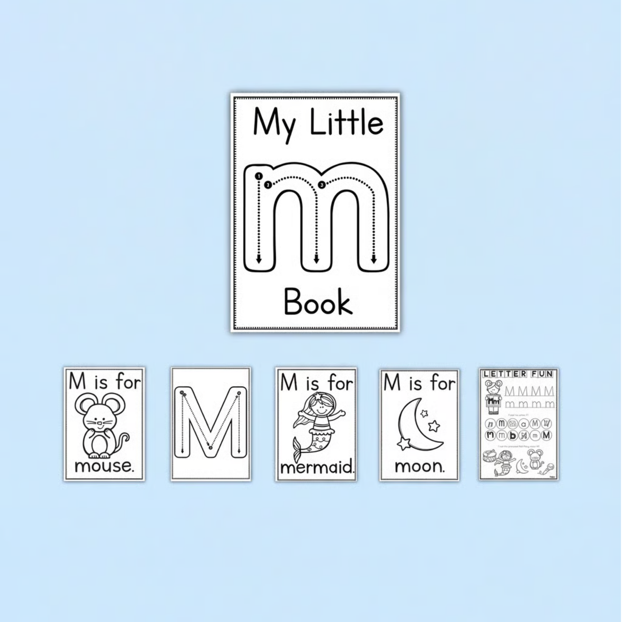 Letter M alphabet and phonics printable activities for preschool, kindergarten, prep, and early years literacy learning. This engaging printable resource helps children recognise, trace, and practise the letter M through handwriting worksheets, beginning sound activities, alphabet tracing pages, mini readers, and interactive phonics tasks. Includes vocabulary and picture cards featuring mouse, mermaid, and moon to support phonemic awareness, vocabulary development, and letter recognition skills. 