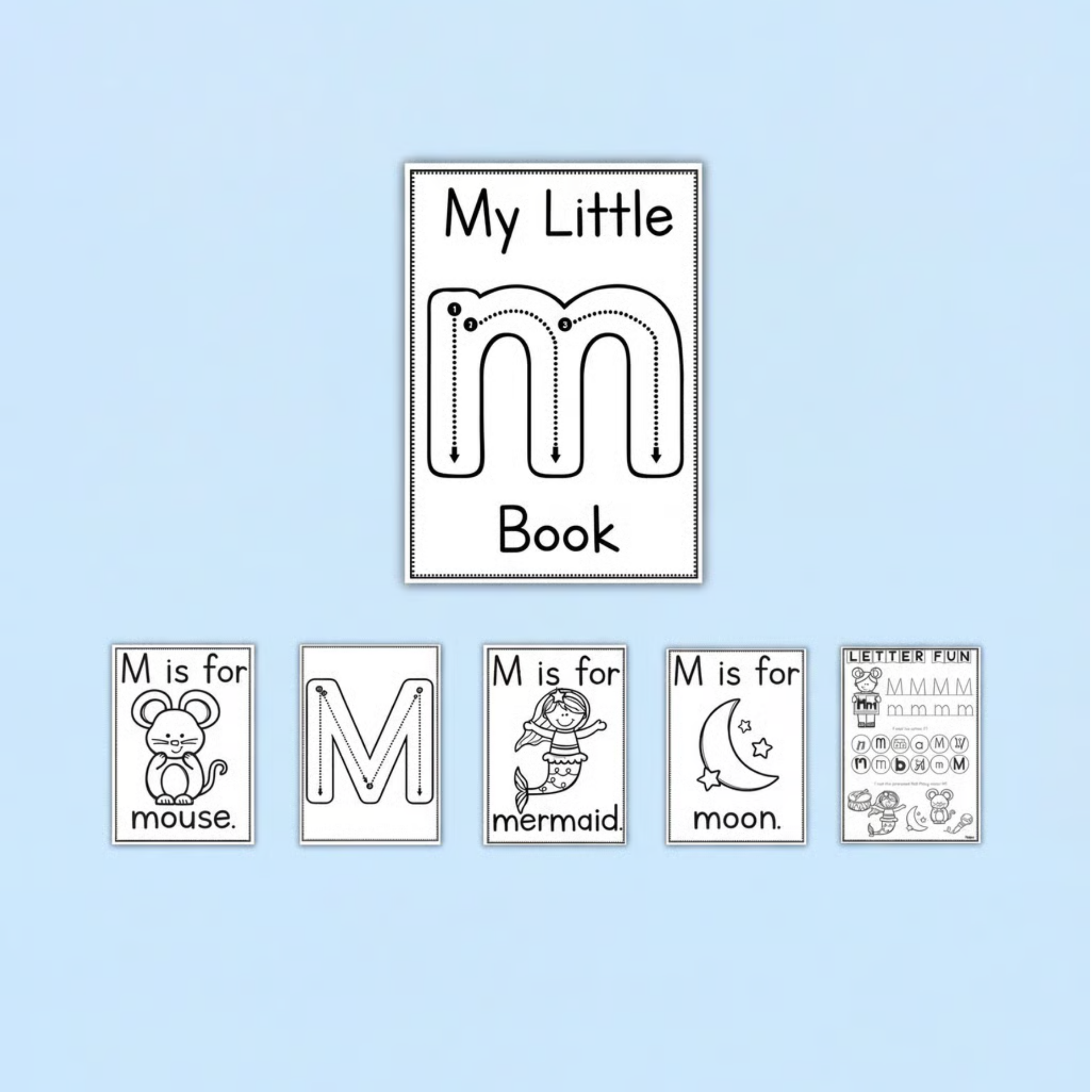 Letter M alphabet and phonics printable activities for preschool, kindergarten, prep, and early years literacy learning. This engaging printable resource helps children recognise, trace, and practise the letter M through handwriting worksheets, beginning sound activities, alphabet tracing pages, mini readers, and interactive phonics tasks. Includes vocabulary and picture cards featuring mouse, mermaid, and moon to support phonemic awareness, vocabulary development, and letter recognition skills. 
