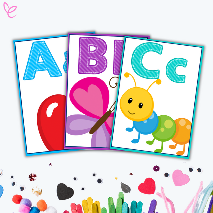 Colourful alphabet posters for letters A, B, and C with images of an apple, butterfly, and caterpillar on white backgrounds.