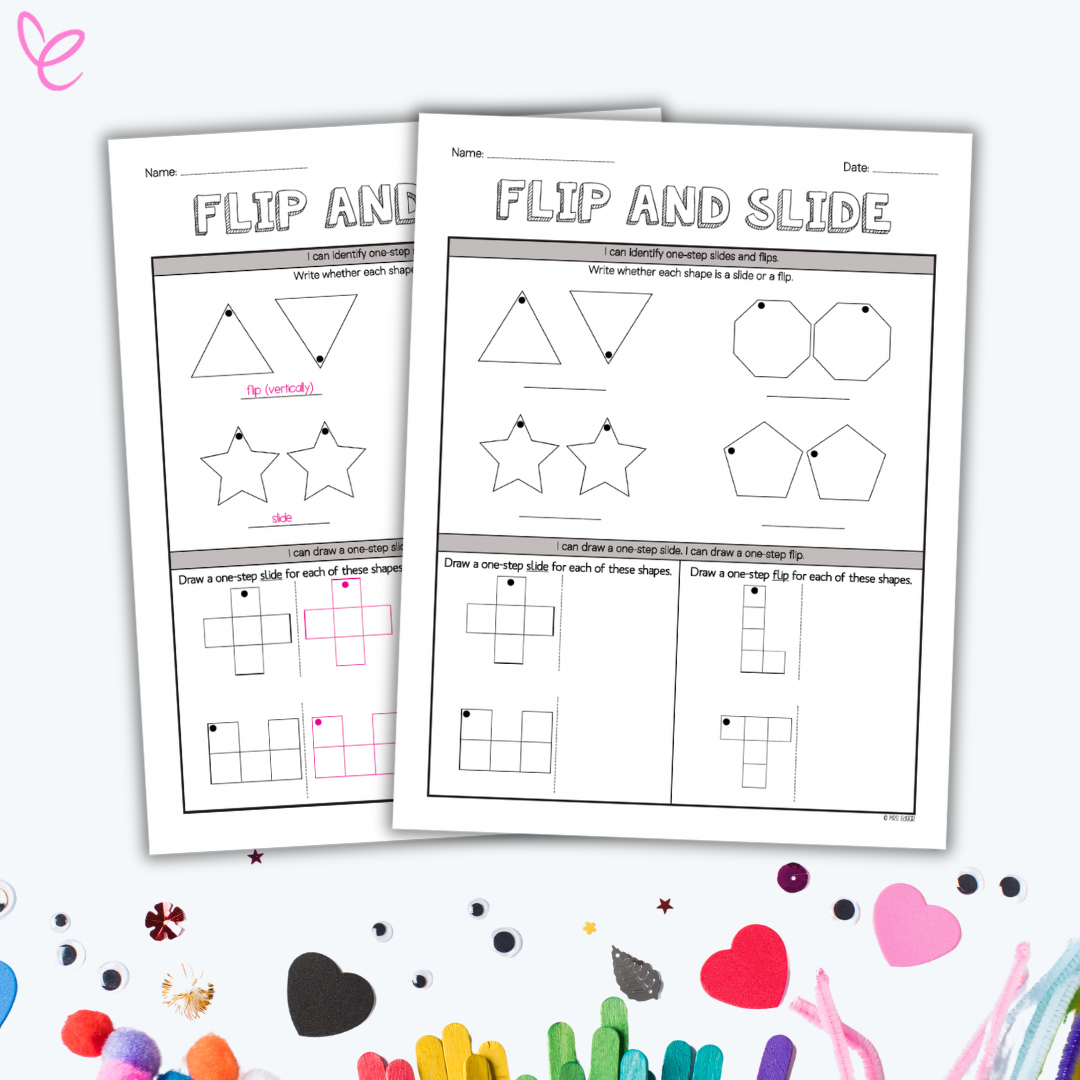 Two black-and-white worksheets titled 'Flip and Slide' with exercises for identifying and drawing one-step slides and flips of shapes, featuring triangles, stars, pentagons, and grids.