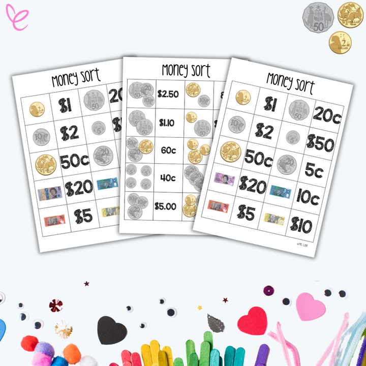 Three printable money sorting activity sheets featuring Australian coins and banknotes. Each sheet includes various denominations with corresponding images of currency for sorting practice.