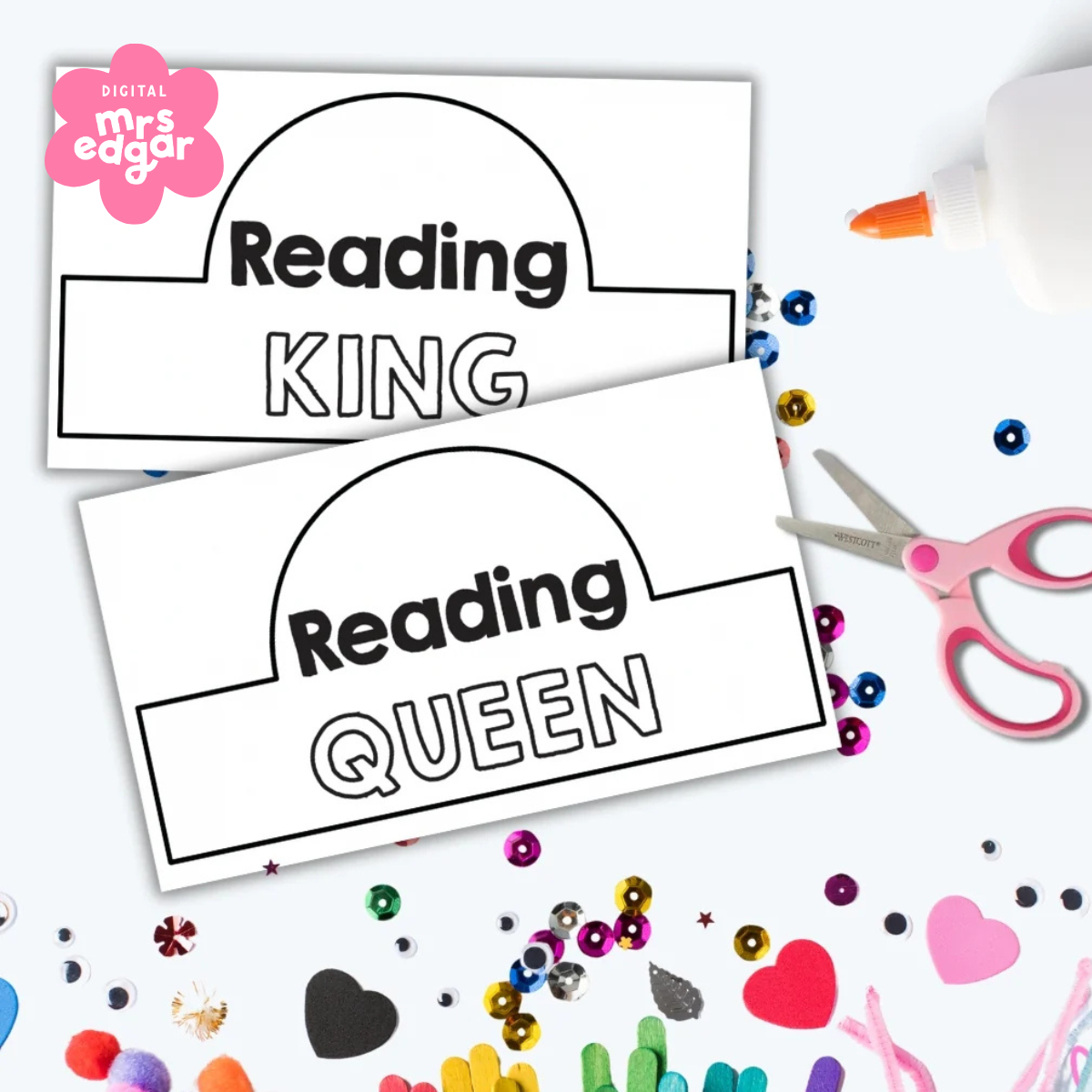 Printable 'Reading King' and 'Reading Queen' crowns in black-and-white, designed for students to colour and wear as a reading celebration activity.