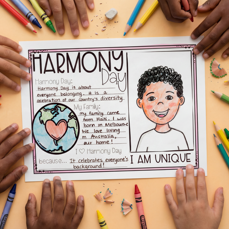 Diverse classroom Harmony Day activity sheet surrounded by children’s hands, crayons, and pencils. Features multicultural education themes, belonging and inclusion prompts, student self-portrait activity, family heritage writing exercise, and “I Am Unique” messaging. Ideal for primary school Harmony Week resources, cultural diversity lessons, printable SEL worksheets, and inclusive classroom displays.