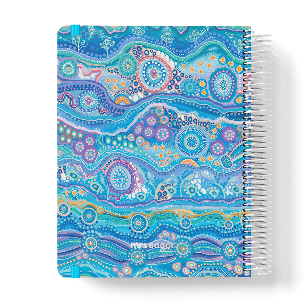 Vibrant 2026 teacher planner cover with Aboriginal-inspired dot artwork in blue, purple, and teal tones
