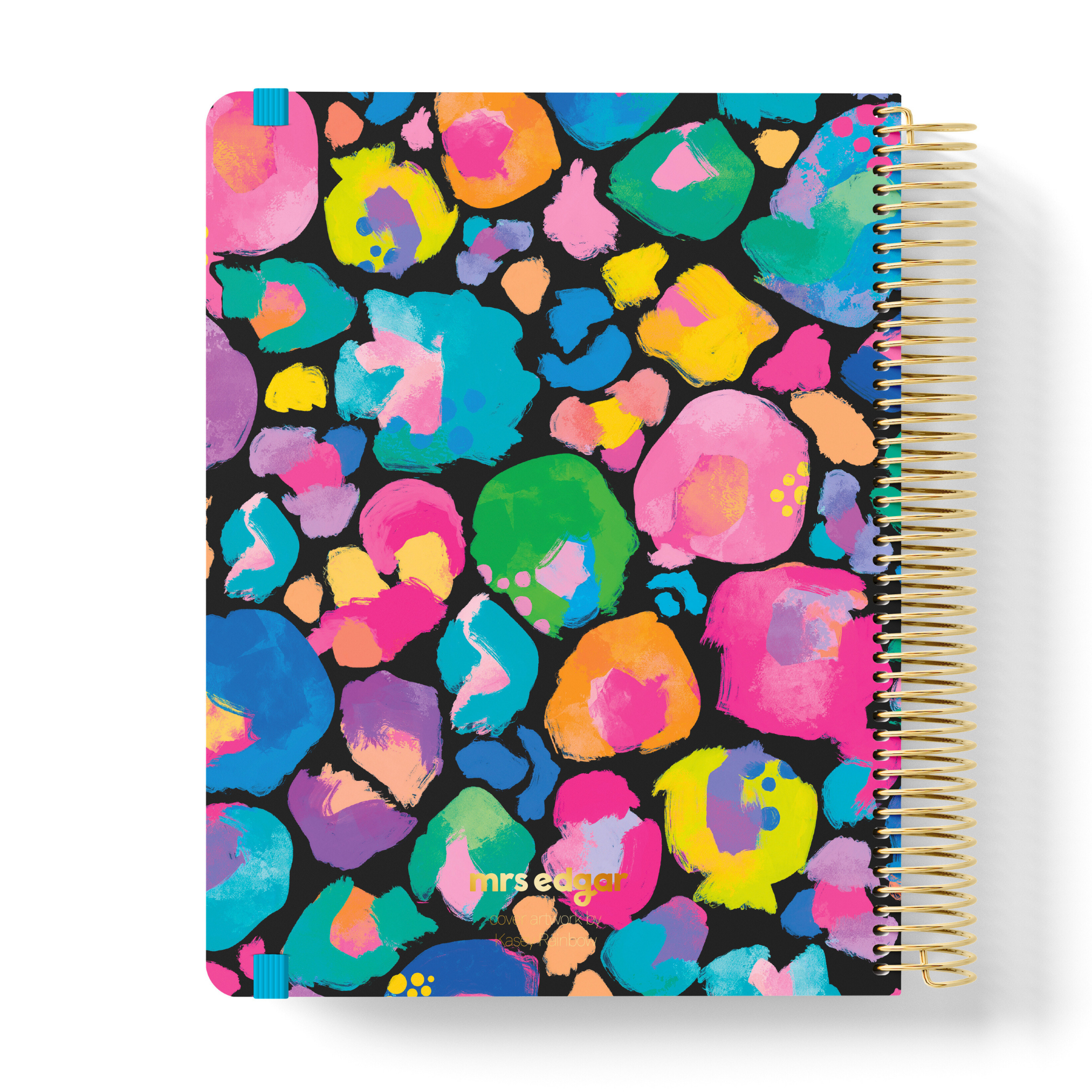 Back cover of a rainbow leopard print teacher planner with gold spiral binding and small “mrs edgar” logo.