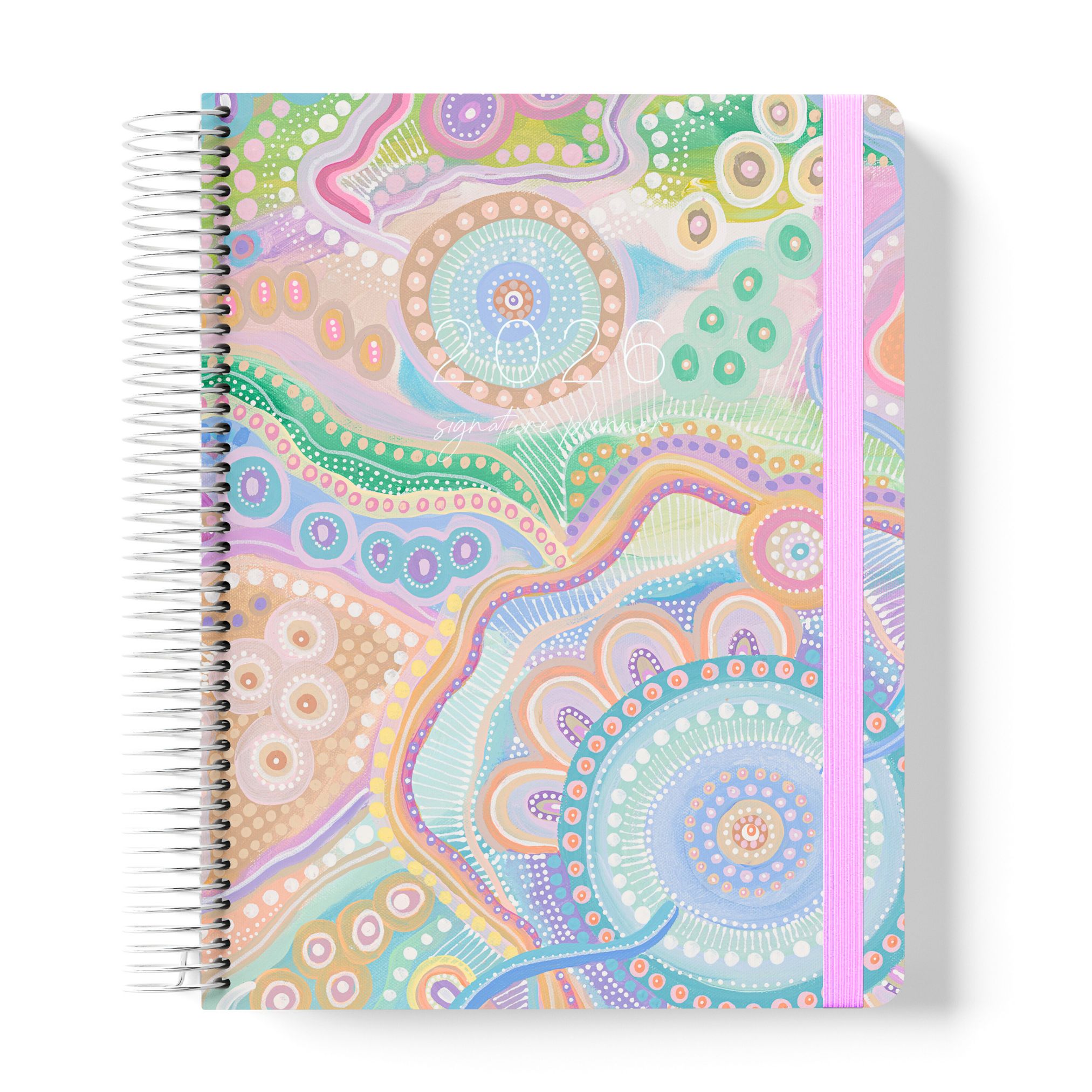 2026 teacher planner with soft pastel Indigenous artwork featuring circular and flowing patterns, silver coil binding, and pink elastic strap.