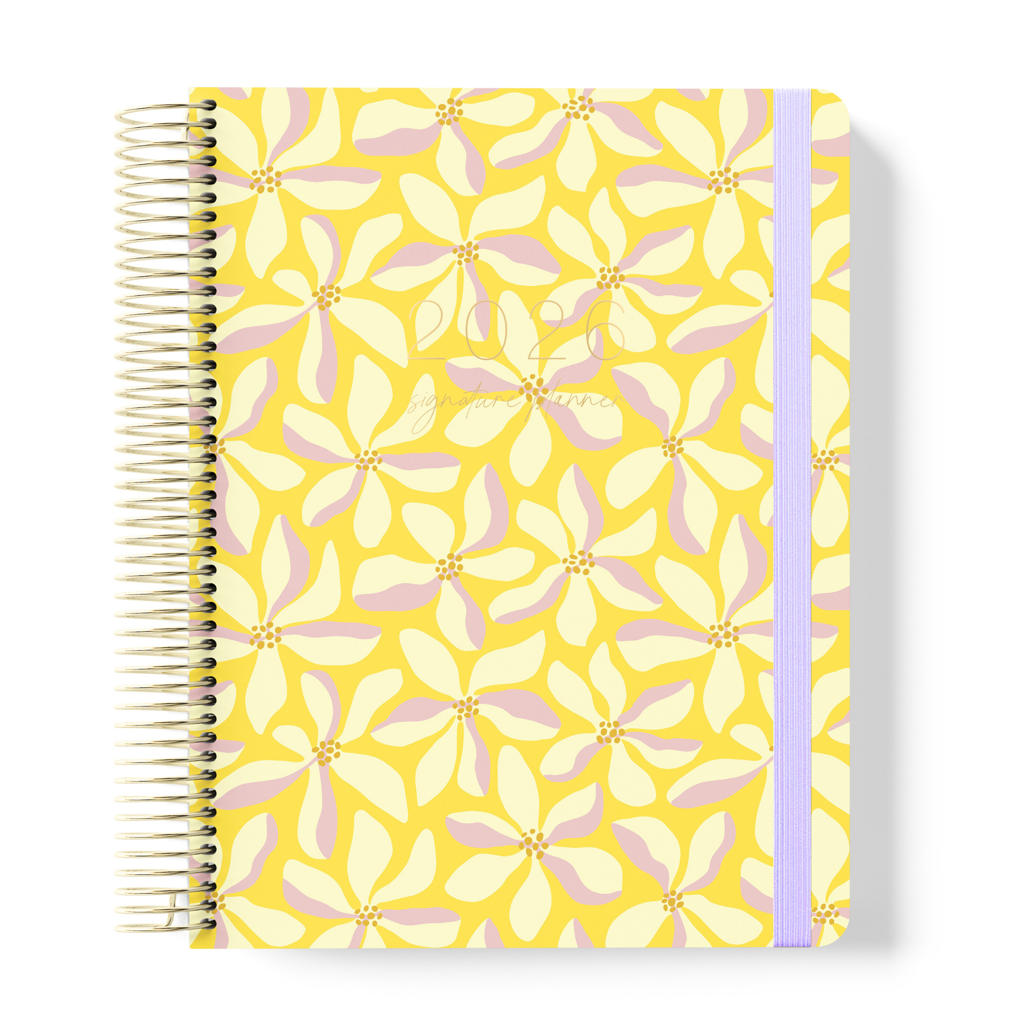 2026 signature teacher planner with a yellow cover featuring a repeating floral pattern in soft cream and pink, bound with a lilac strap.