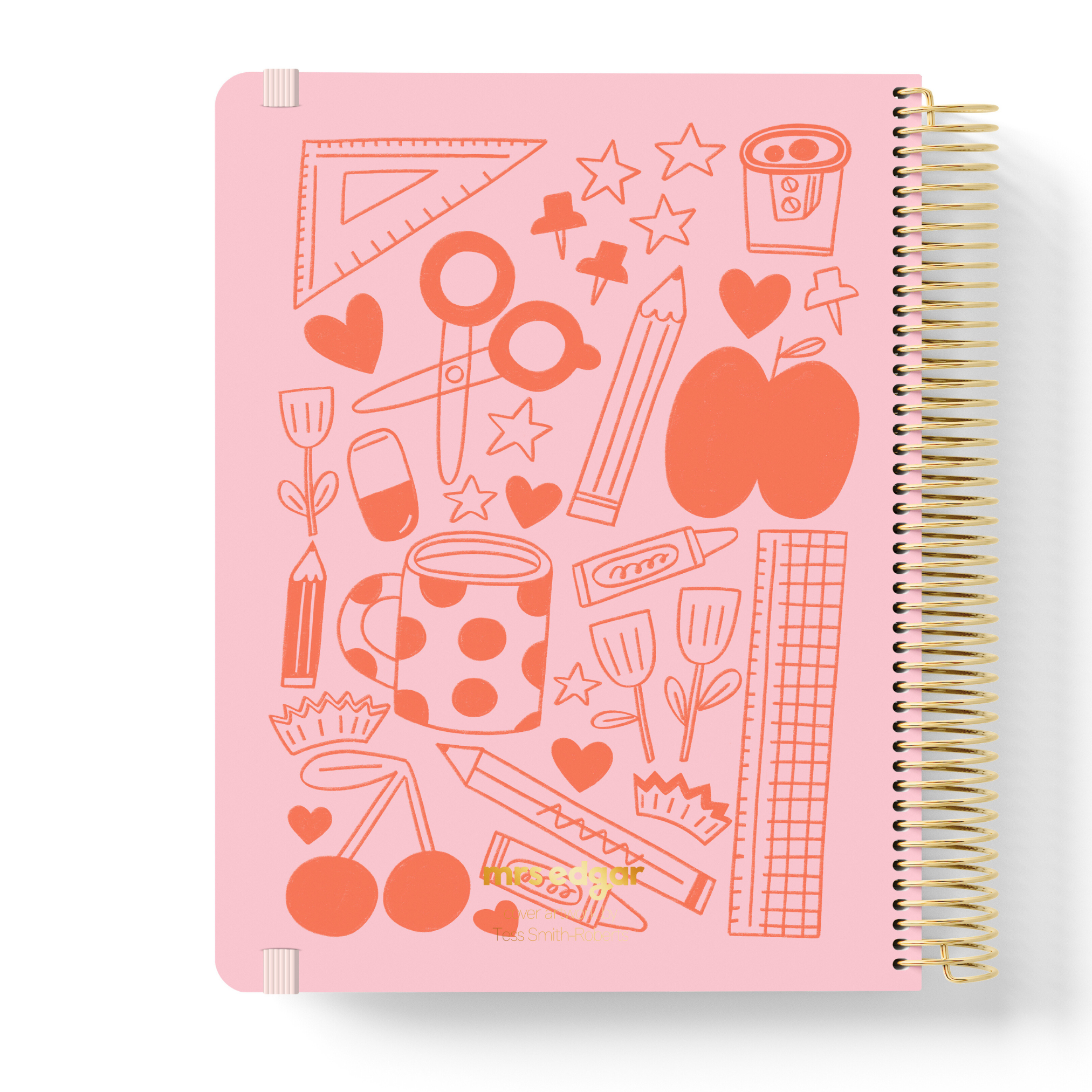 2026 teacher planner with a pink cover featuring playful red school-themed doodles like pencils, rulers, mugs, and hearts