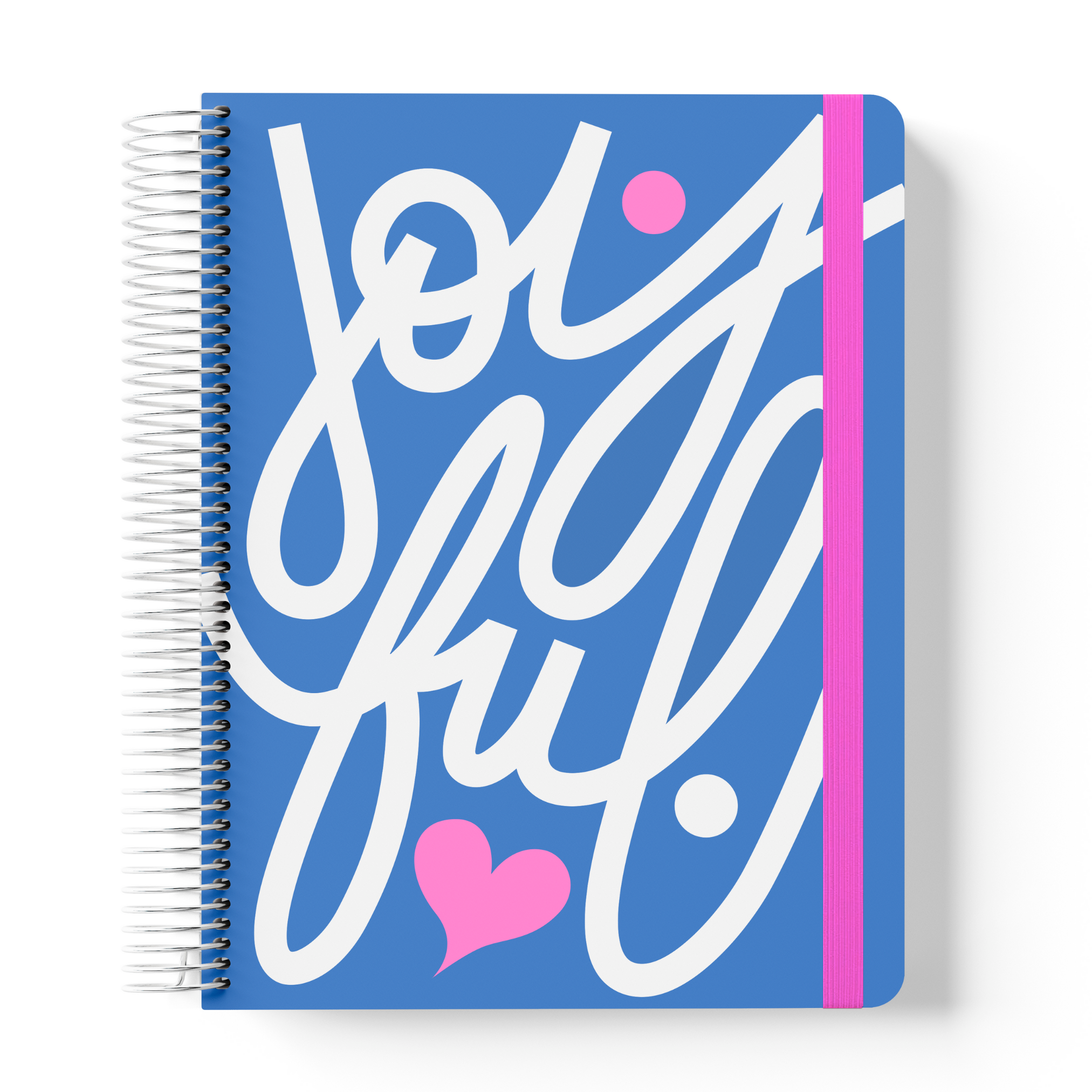 2026 teacher planner with a blue cover featuring bold white hand-lettered “joyful” text, pink heart, silver coil, and pink elastic strap.