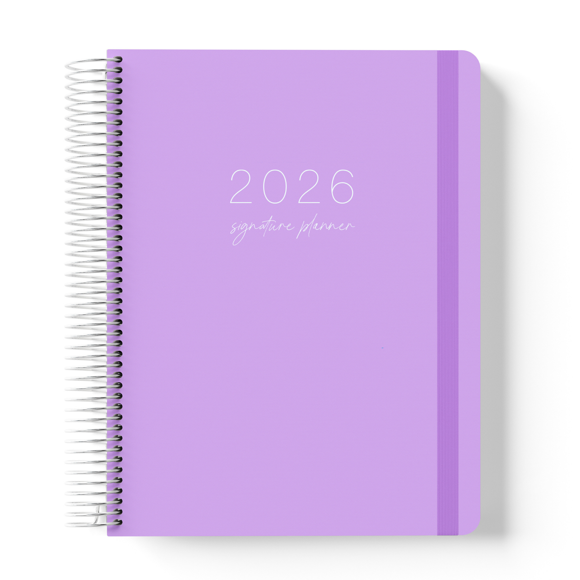 2026 teacher planner with a minimalist lilac cover, white script text, silver coil binding, and matching purple elastic strap.